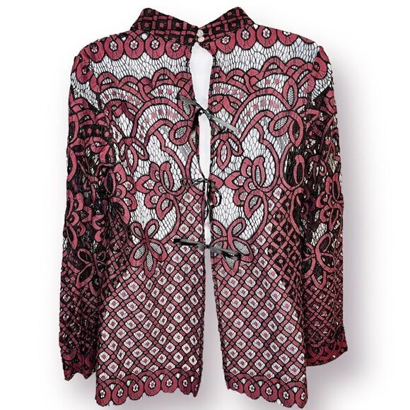 Dance & Marvel Lace Mockneck Open Back Feather Trim Blouse Maroon Black M - Picture 9 of 11